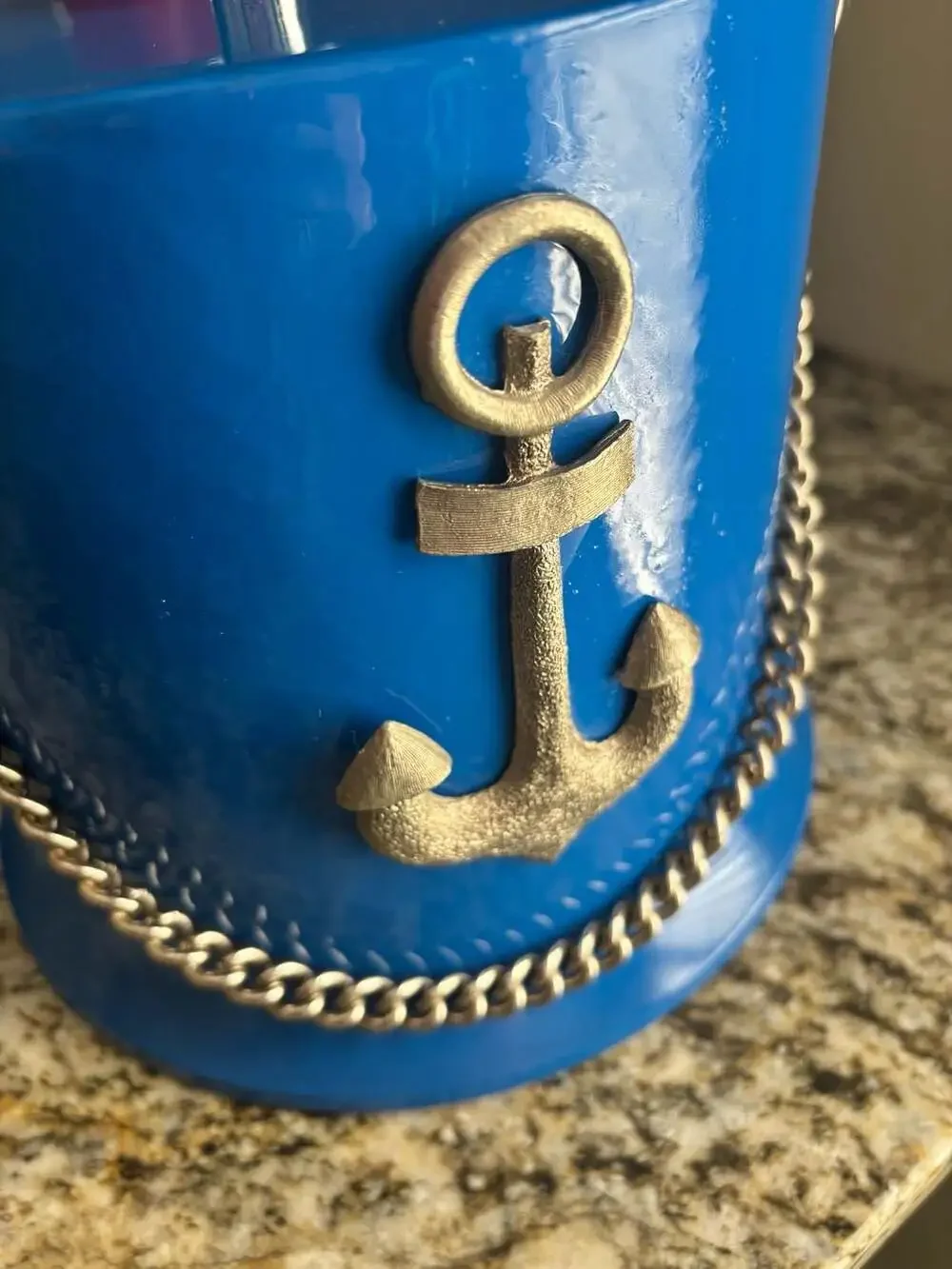 Kraftware Pastimes Royal Blue Ice Bucket with Anchor Motif and Chain 3 Quart